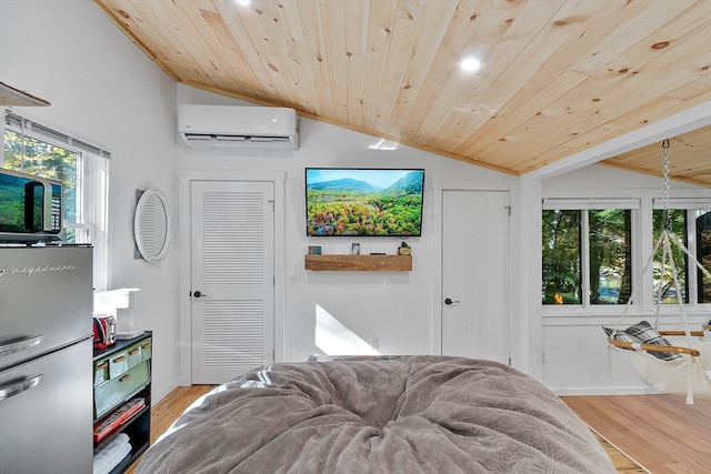 living room featuring lofted ceiling, wood ceiling, a wall mounted air conditioner, and light hardwood / wood-style floors