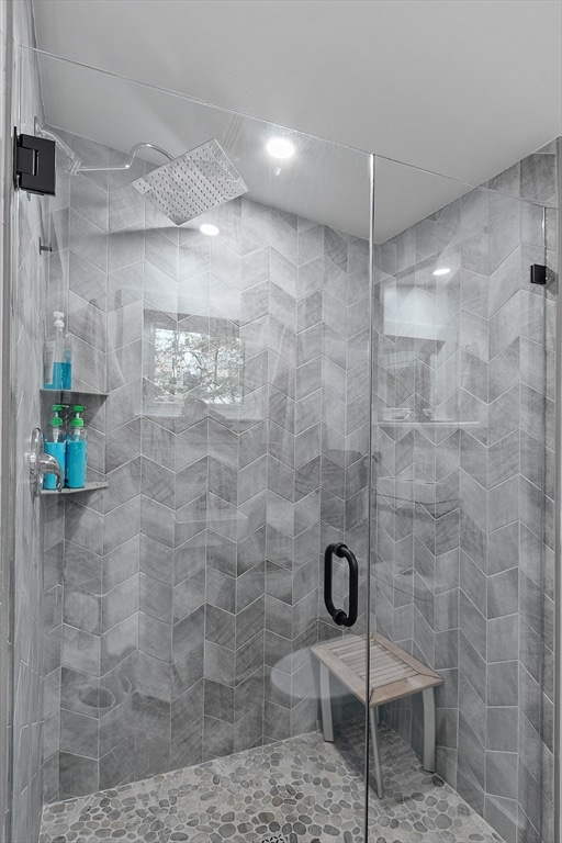 bathroom featuring a shower with shower door