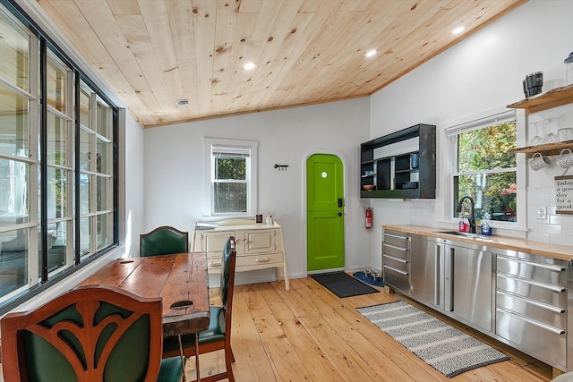 kitchen with sink, wooden ceiling, light hardwood / wood-style flooring, butcher block countertops, and vaulted ceiling