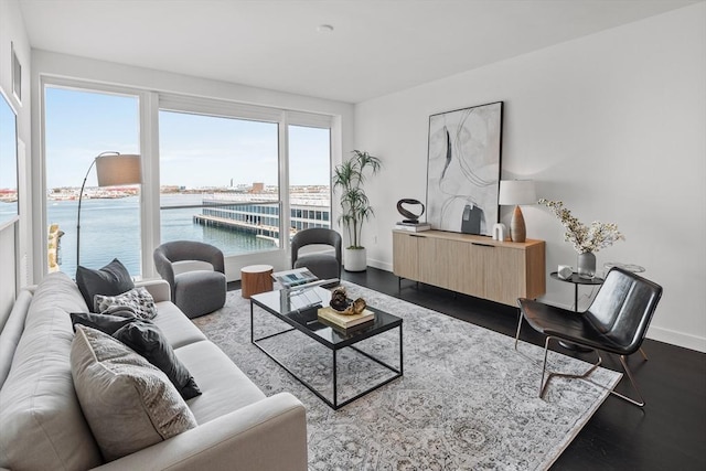 150 Seaport Blvd Unit 11C, Boston, MA 02210 - living area featuring a water view, baseboards, and dark wood finished floors