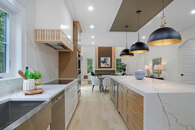 293 Cross St, Norwell, MA 02061 - kitchen featuring premium range hood, stainless steel appliances, light wood finished floors, healthy amount of natural light, and recessed lighting