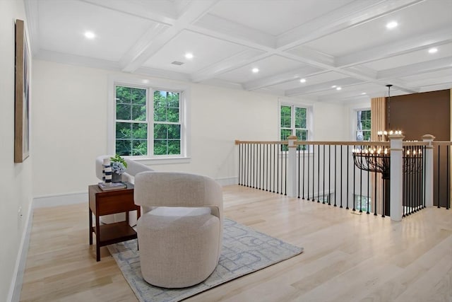 293 Cross St, Norwell, MA 02061 - sitting room featuring coffered ceiling, wood finished floors, a chandelier, beamed ceiling, and recessed lighting