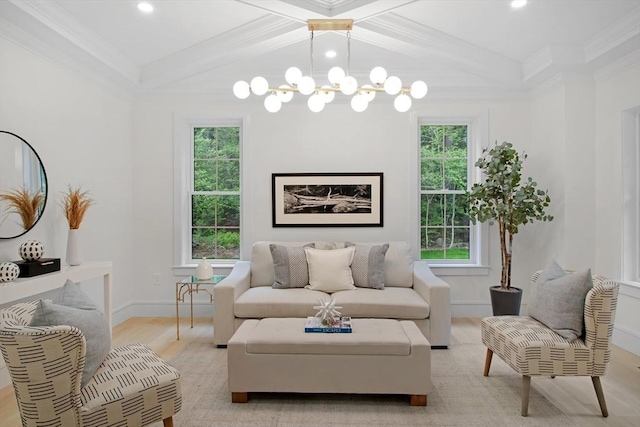 293 Cross St, Norwell, MA 02061 - living room with crown molding, beam ceiling, recessed lighting, light wood finished floors, and a chandelier