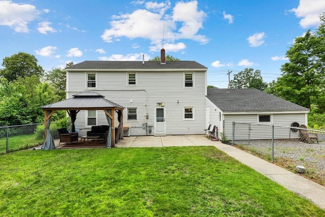 186 Andover St, North Andover, MA 01845 - back of house featuring a gazebo, a patio area, a fenced backyard, and a chimney