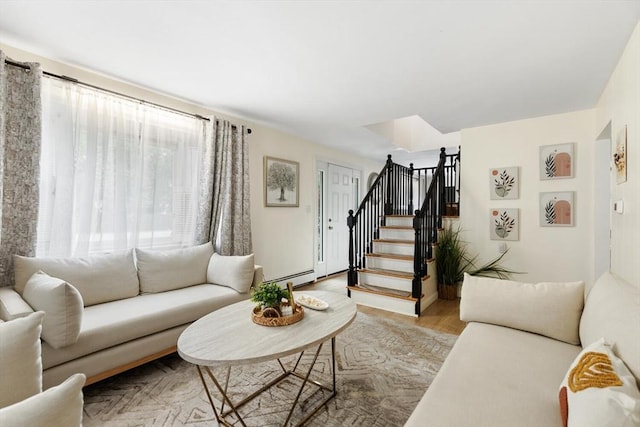 186 Andover St, North Andover, MA 01845 - living area with stairs, wood finished floors, and baseboard heating