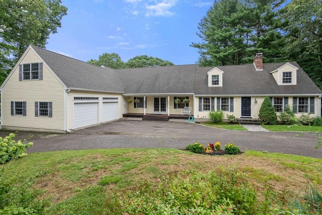 495 Grafton St, Shrewsbury, MA 01545 - cape cod-style house with a chimney, driveway, an attached garage, a shingled roof, and covered porch