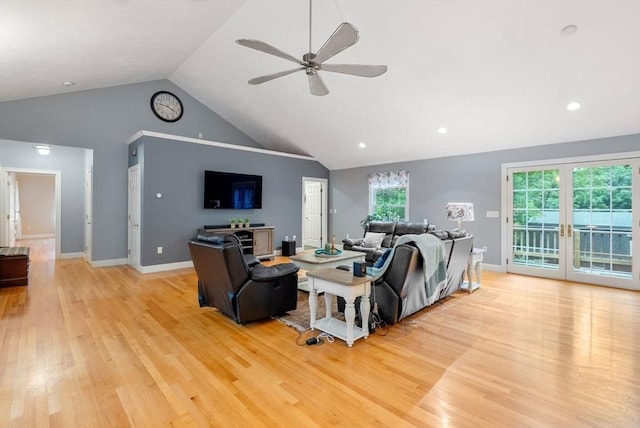 495 Grafton St, Shrewsbury, MA 01545 - living area with baseboards, light wood-type flooring, french doors, a ceiling fan, and high vaulted ceiling
