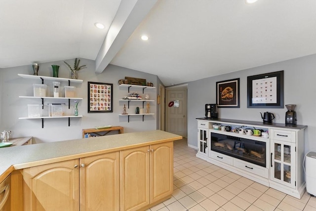 kitchen with open shelves, light brown cabinets, vaulted ceiling with beams, and recessed lighting