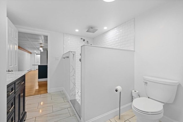 13 Abraham Ave, Freetown, MA 02717 - bathroom featuring marble look tile flooring, vanity, tiled shower, and recessed lighting