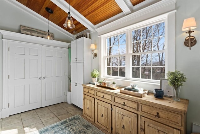 interior space with light tile patterned floors, vaulted ceiling with beams, and wood ceiling