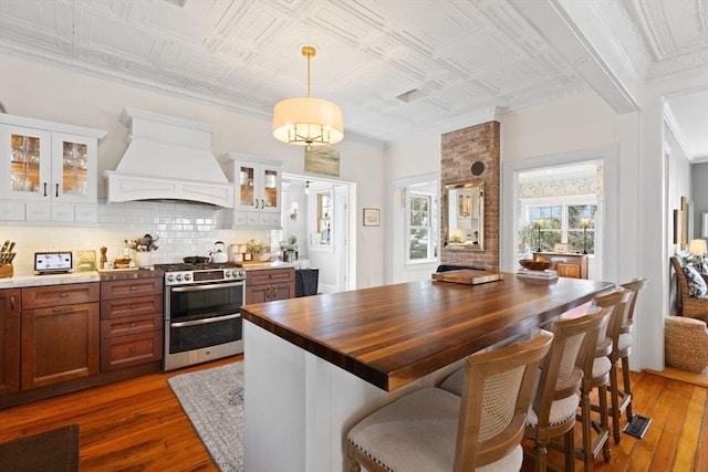 kitchen with hardwood / wood-style flooring, double oven range, an ornate ceiling, tasteful backsplash, and custom exhaust hood