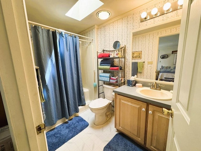 38 Trailwood Dr, Bridgewater, MA 02324 - bathroom with a skylight, wallpapered walls, vanity, crown molding, and tile patterned flooring