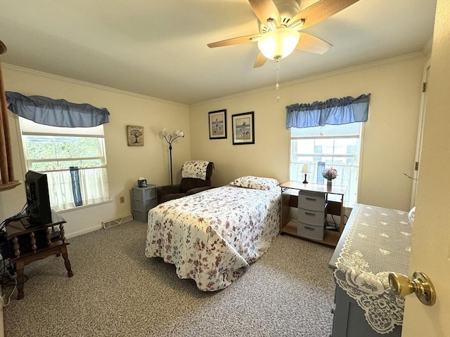 38 Trailwood Dr, Bridgewater, MA 02324 - bedroom with ornamental molding, multiple windows, carpet, ceiling fan, and an office area