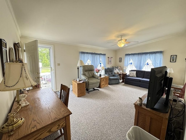 38 Trailwood Dr, Bridgewater, MA 02324 - living area featuring crown molding, ceiling fan, and carpet