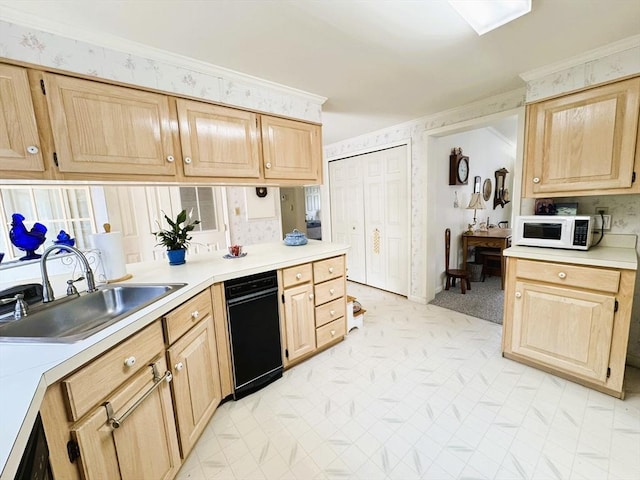 38 Trailwood Dr, Bridgewater, MA 02324 - kitchen with white microwave, light brown cabinetry, light countertops, and ornamental molding