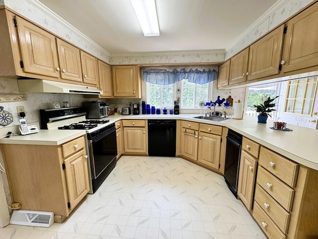 38 Trailwood Dr, Bridgewater, MA 02324 - kitchen with black appliances, under cabinet range hood, light countertops, and crown molding