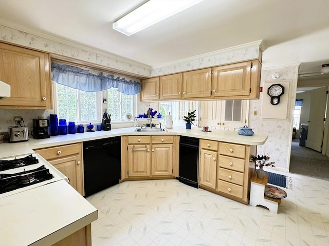 38 Trailwood Dr, Bridgewater, MA 02324 - kitchen with dishwasher, crown molding, wallpapered walls, and light countertops