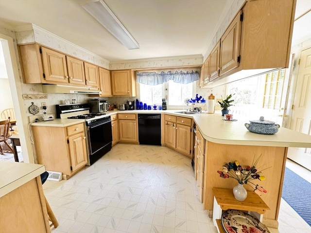 38 Trailwood Dr, Bridgewater, MA 02324 - kitchen featuring black appliances, under cabinet range hood, light countertops, and light brown cabinetry