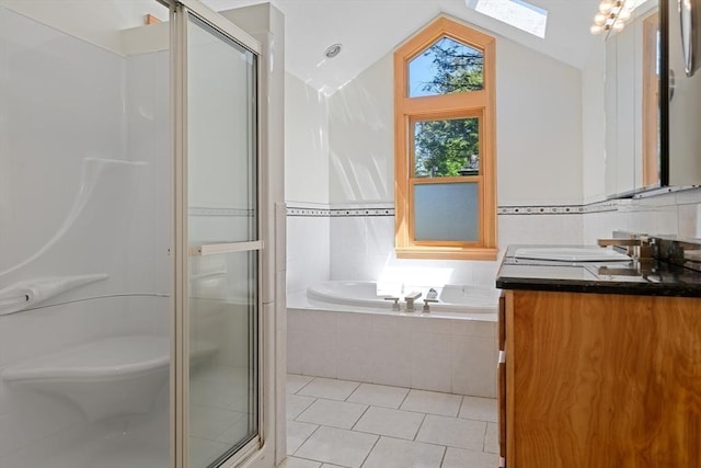 191 Speen, Natick, MA 01760 - full bath with a shower stall, tile patterned floors, a skylight, lofted ceiling, and a bath