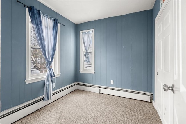 empty room featuring carpet floors and baseboard heating