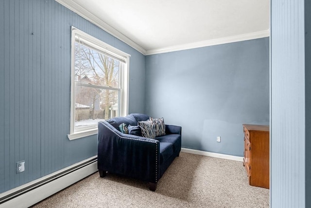 sitting room featuring ornamental molding, a baseboard radiator, carpet flooring, and baseboards