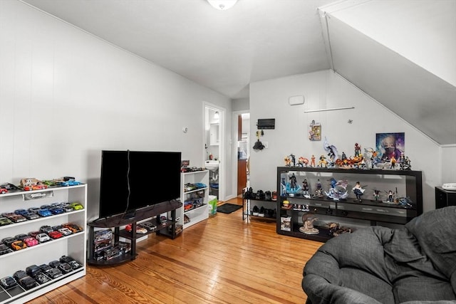 living room featuring vaulted ceiling and wood finished floors