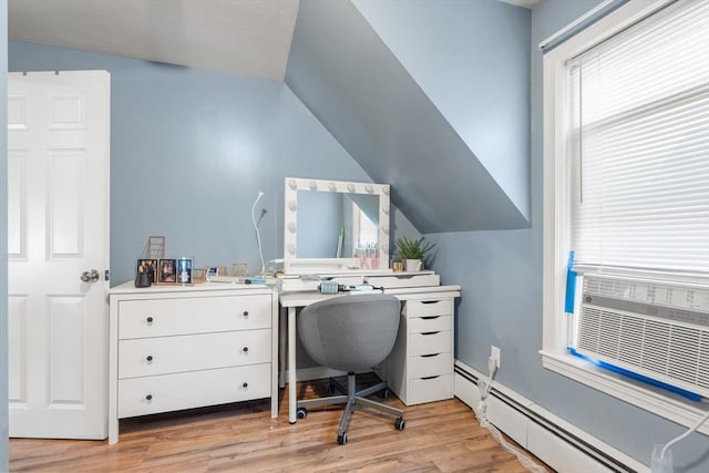 office with light wood-type flooring, baseboard heating, cooling unit, and lofted ceiling