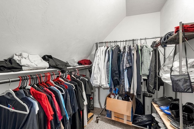 spacious closet featuring lofted ceiling and carpet flooring