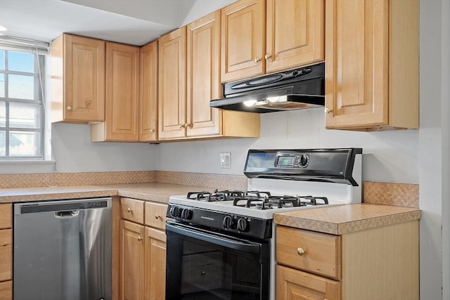 kitchen with range with gas cooktop, light brown cabinetry, and dishwasher