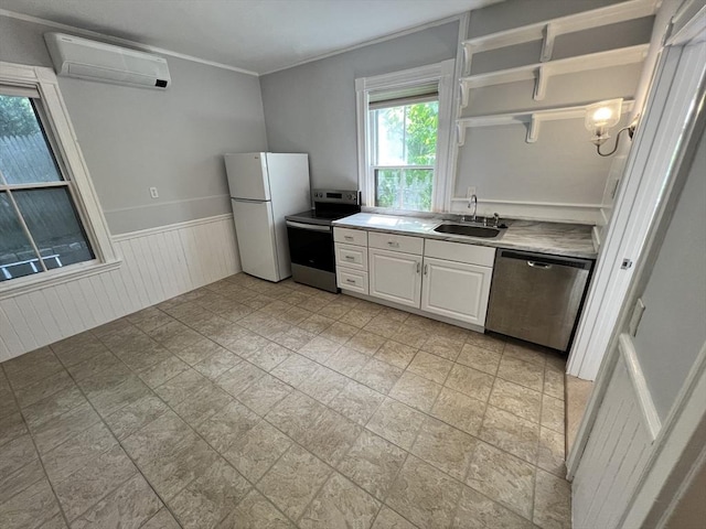 98 Boylston St Unit 1, Brookline, MA 02445 - kitchen with stainless steel appliances, a sink, a wall mounted AC, wainscoting, and open shelves