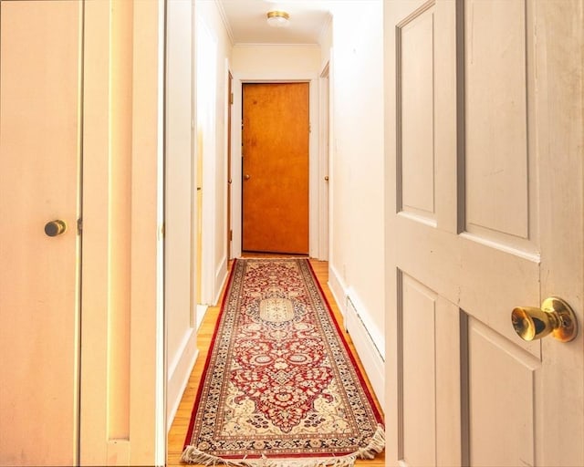 hall featuring light wood-type flooring and crown molding