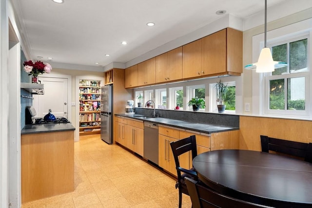 24 Aspen Ave, Newton, MA 02466 - kitchen with appliances with stainless steel finishes, dark countertops, recessed lighting, light flooring, and hanging light fixtures