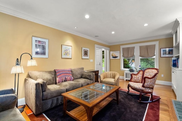 24 Aspen Ave, Newton, MA 02466 - living room featuring crown molding, wood finished floors, recessed lighting, and radiator