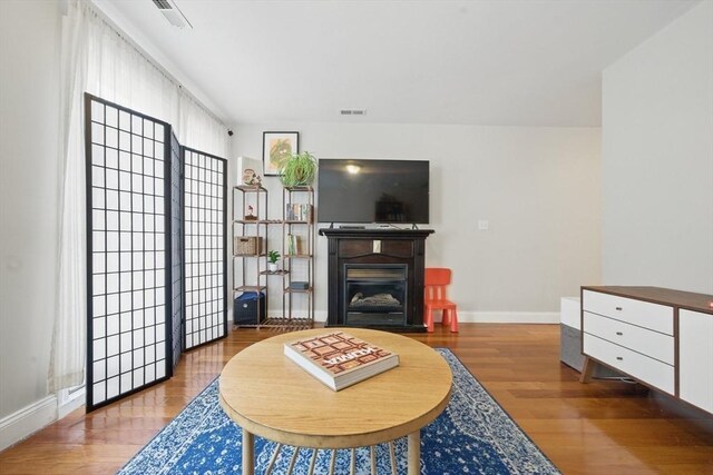 239 Prospect St Unit 2, Cambridge, MA 02139 - living room with baseboards, wood finished floors, and a glass covered fireplace