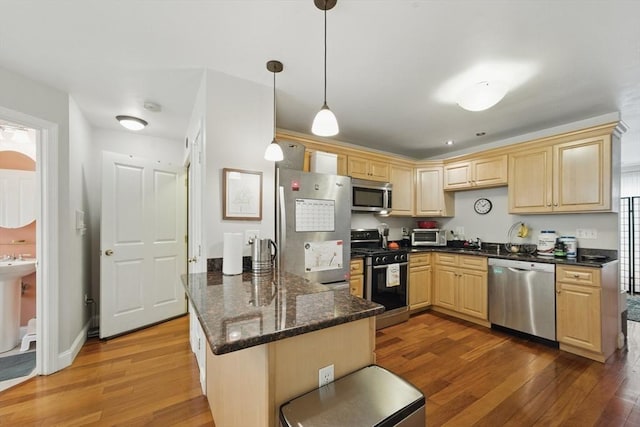 239 Prospect St Unit 2, Cambridge, MA 02139 - kitchen featuring appliances with stainless steel finishes, a peninsula, wood finished floors, and light brown cabinets