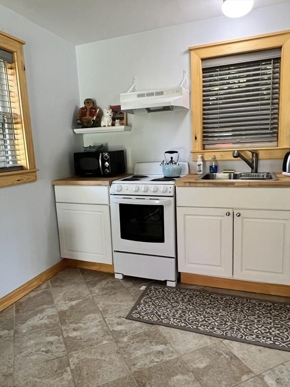 10 Kibbe Point Rd, Otis, MA 01253 - kitchen with white range with electric stovetop, under cabinet range hood, a sink, black microwave, and white cabinets