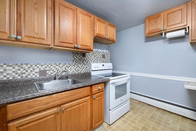 kitchen with tasteful backsplash, a baseboard radiator, sink, and electric stove