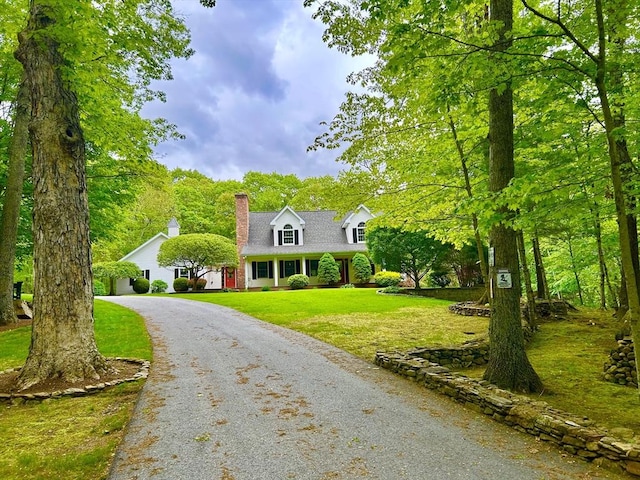 210 Wales Rd, Monson, MA 01057 - cape cod house with a chimney, curved driveway, and a front lawn