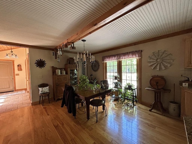 210 Wales Rd, Monson, MA 01057 - dining area with ornamental molding, light wood-style flooring, beam ceiling, baseboards, and a chandelier