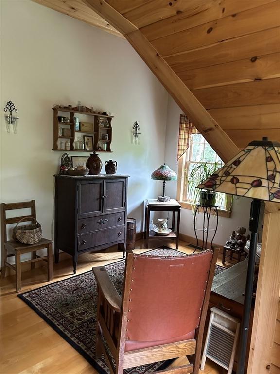 210 Wales Rd, Monson, MA 01057 - sitting room featuring wood finished floors, wooden ceiling, and vaulted ceiling