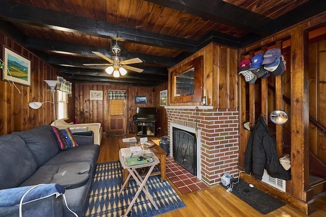 living room featuring dark wood-type flooring, beamed ceiling, wooden walls, and wooden ceiling