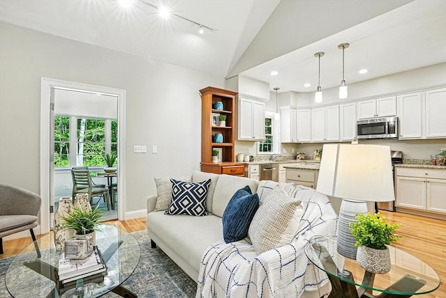 83 Partridge Hill Rd, Sutton, MA 01590 - living room featuring track lighting, lofted ceiling, healthy amount of natural light, light wood-style flooring, and recessed lighting