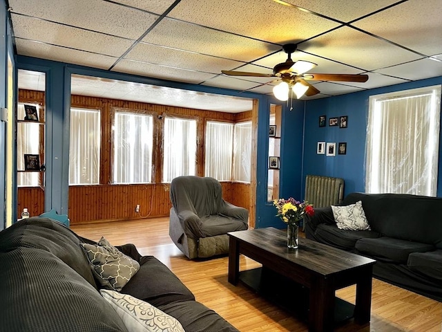 living room with ceiling fan, wood walls, a drop ceiling, and light wood-type flooring