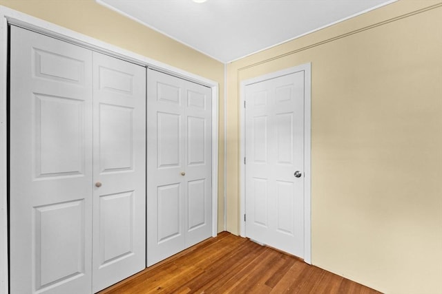 unfurnished bedroom featuring wood-type flooring and a closet