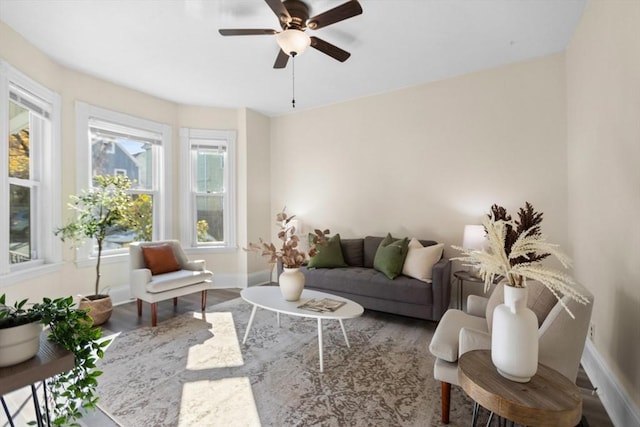 living area featuring a ceiling fan, baseboards, and wood finished floors