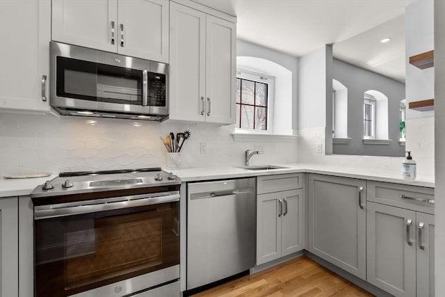 120 Norway St Unit 12, Boston, MA 02115 - kitchen with appliances with stainless steel finishes, a sink, gray cabinetry, light countertops, and backsplash