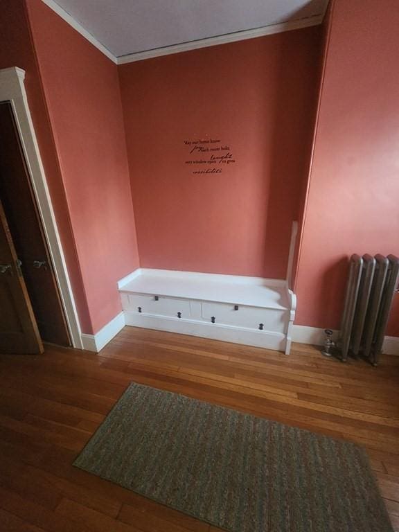 mudroom with crown molding, radiator heating unit, and dark hardwood / wood-style flooring