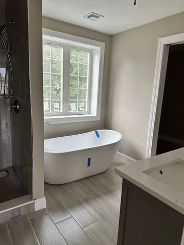 bathroom with vanity and separate shower and tub