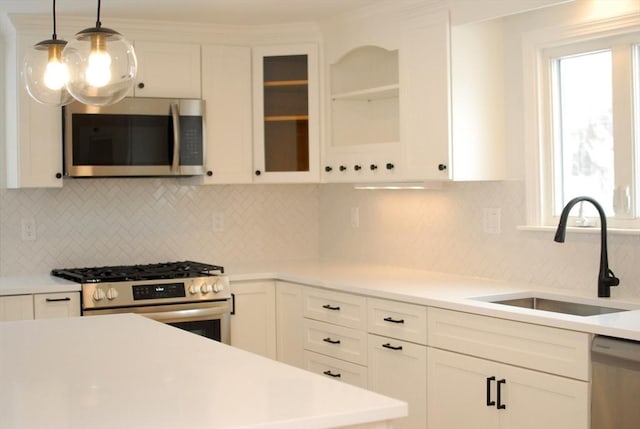 kitchen featuring stainless steel appliances, a sink, and white cabinets