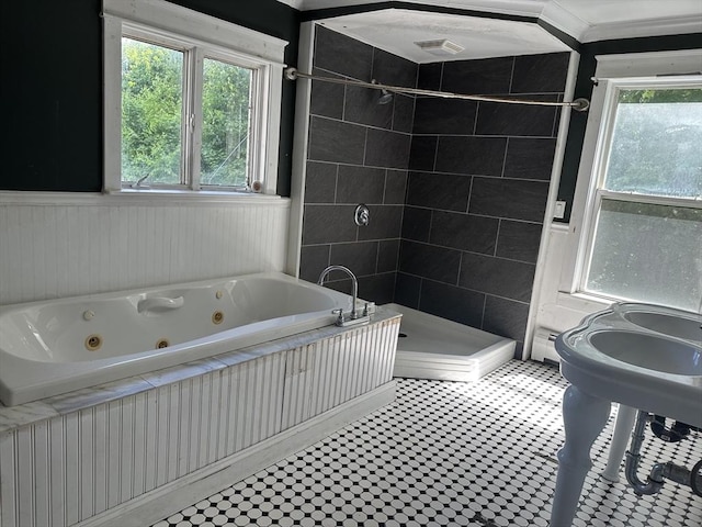110 School St, Warren, MA 01083 - full bathroom with a stall shower, a jetted tub, a wainscoted wall, and a baseboard radiator